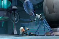 Reese Witherspoon as Ginormica and Rainn Wilson as Gallaxhar in "Monsters vs. Aliens."