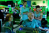 Sigourney Weaver, Joel David Moore, writer-director James Cameron and Sam Worthington on the set of "Avatar."