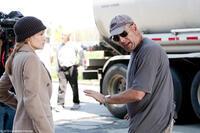 Angelina Jolie and stunt coordinator Simon Crane on the set of "Salt."