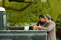 Luke Evans and director Stephen Frears on the set of "Tamara Drewe."