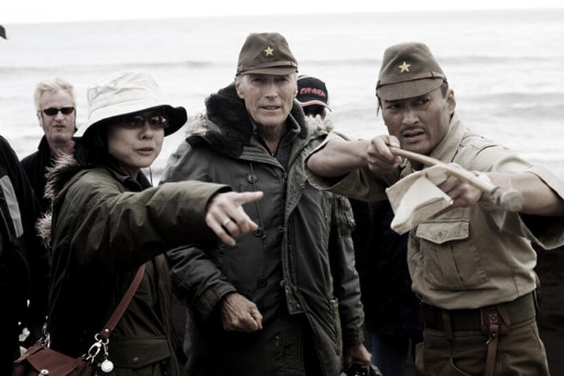 Interpreter Yuki Ishimaru, director Clint Eastwood and Ken Watanabe on the set of "Letters from Iwo Jima."