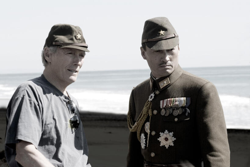 Director Clint Eastwood and Ken Watanabe on the set of "Letters from Iwo Jima."