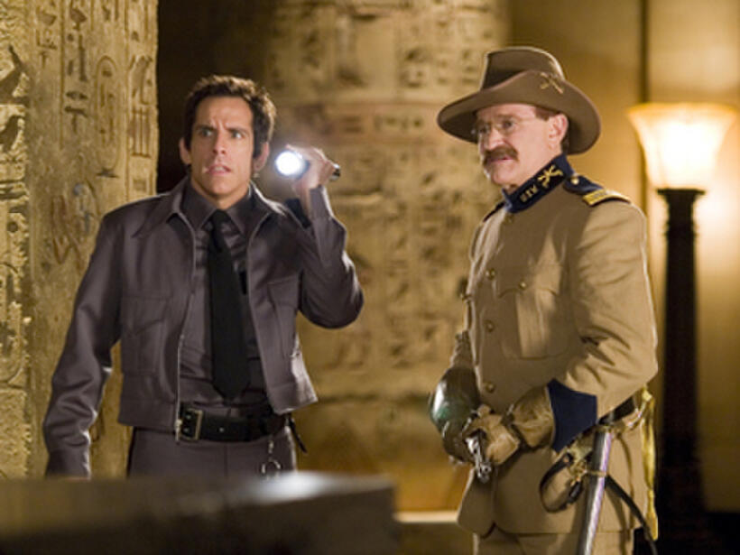 Larry Daley (Ben stiller), a night guard, searches the Egyptian tomb with Roosevelt (Robin Williams) in "Night at the Museum."
