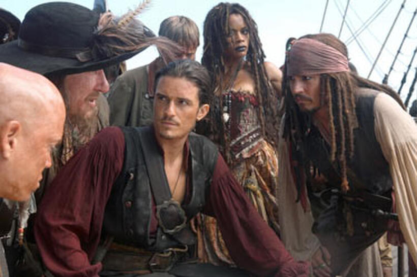 Geoffrey Rush, Orlando Bloom, Naomie Harris, and Johnny Depp in "Pirates of the Caribbean: At World's End."