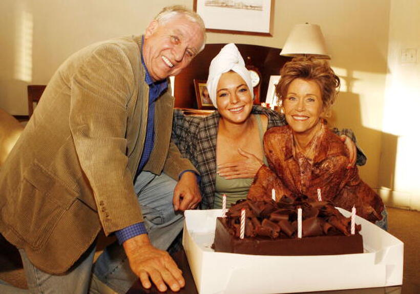 Director Garry Marshall, actresses Lindsay Lohan and Jane Fonda celebrate Fonda's birthday on the set of "Georgia Rule."