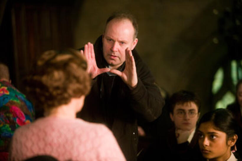 Imelda Staunton, director David Yates, Daniel Radcliffe and Afshan Azad as Padma Patil on the set of "Harry Potter and the Order of the Phoenix."
