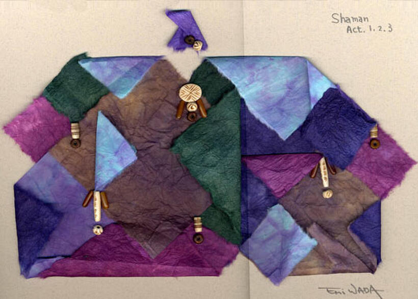 Emi Wada’s collage rendering of a costume for the Shaman in "The First Emperor."