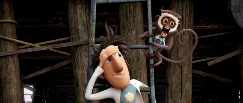 Flint Lockwood voiced by Bill Hader and Steve voiced by Neil Patrick Harris in "Cloudy With A Chance Of Meatballs."