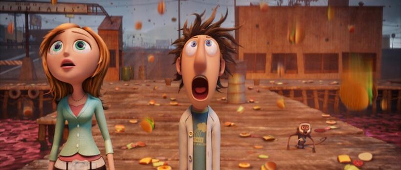 Bill Hader as Flint Lockwood and Anna Faris as Sam Sparks in "Cloudy With A Chance Of Meatballs."