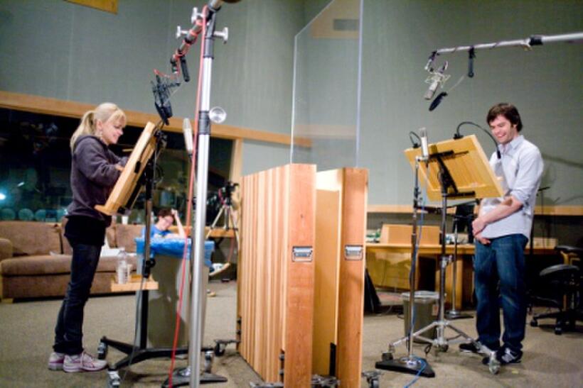 Anna Faris voices Sam Sparks and Bill Hader voices Flint Lockwood in "Cloudy With A Chance Of Meatballs."