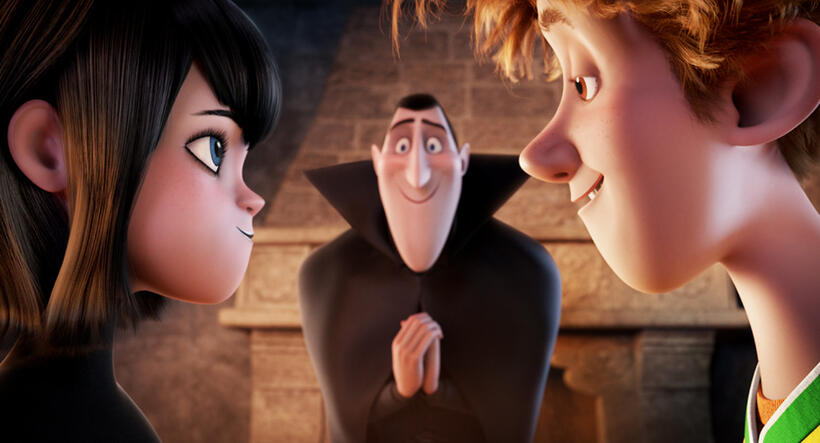 Mavis voiced by Selena Gomez, Dracula voiced by Adam Sandler and Jonathan voiced by Andy Samberg in "Hotel Transylvania."