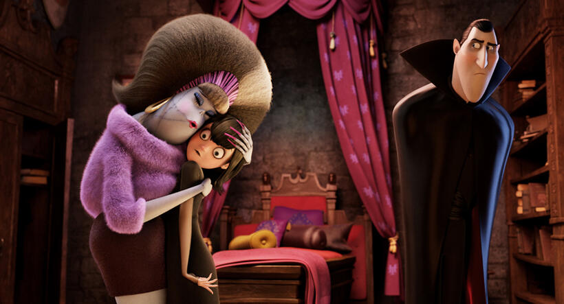 Eunice voiced by Fran Drescher, Mavis voiced by Selena Gomez and Dracula voiced by Adam Sandler in "Hotel Transylvania."