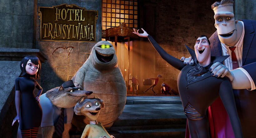 Mavis voiced by Selena Gomez, Griffin the Invisible Man voiced by David Spade, Wayne voiced by Steve Buscemi, Wanda voiced by Molly Shannon, Murray the Mummy voiced by Cee Lo Green, Dracula voiced by Adam Sandler and Frank voiced by Kevin James in "Hotel Transylvania."