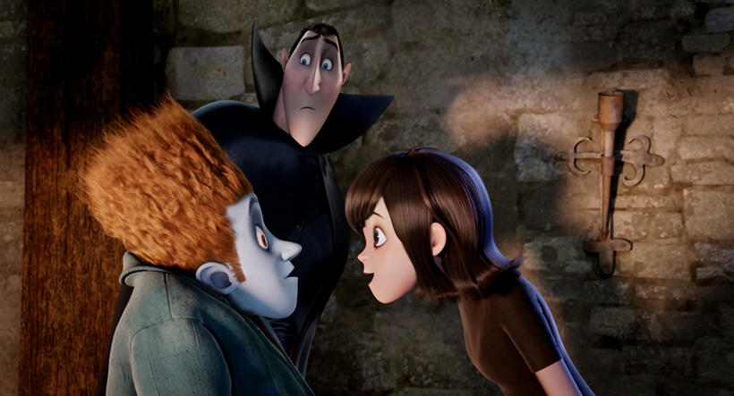 Johnnystein voiced by Andy Samberg, Dracula voiced by Adam Sandler and Mavis voiced by Selena Gomez in "Hotel Transylvania."