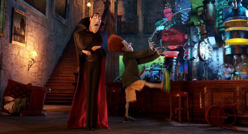 Dracula voiced by Adam Sandler and Johnnystein voiced by Andy Samberg in "Hotel Transylvania."