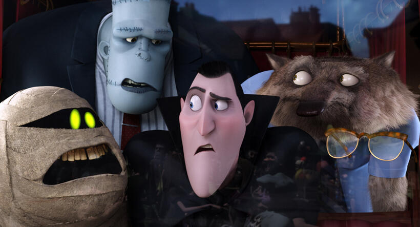 Murray the Mummy voiced by Cee Lo Green, Frank voiced by Kevin James, Dracula voiced by Adam Sandler, Wayne voiced by Steve Buscemi and Griffin-The Invisible Man voiced by David Spade in "Hotel Transylvania."