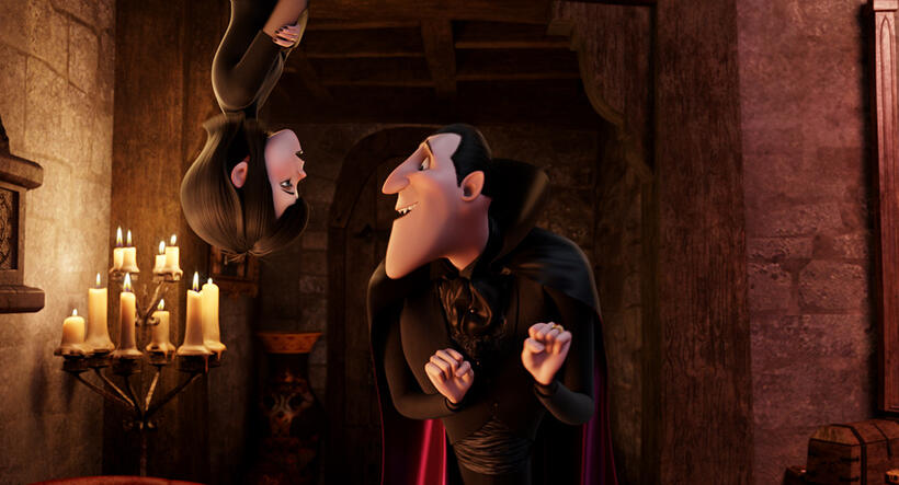 Mavis voiced by Selena Gomez and Dracula voiced by Adam Sandler in "Hotel Transylvania."