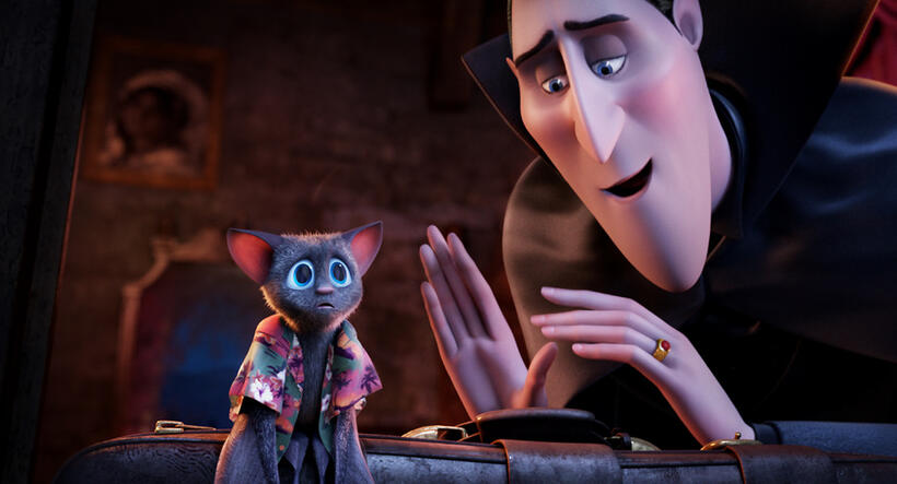 Mavis as a bat voiced by Selena Gomez and Dracula voiced by Adam Sandler in "Hotel Transylvania."