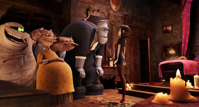 Griffin voiced by David Spade, Murray voiced by Ceelo Green, Wanda voiced by Molly Shannon, Wayne voiced by Steve Buccemi, Frank voiced by Kevin James and Mavis voiced by Selena Gomez in "Hotel Transylvania."