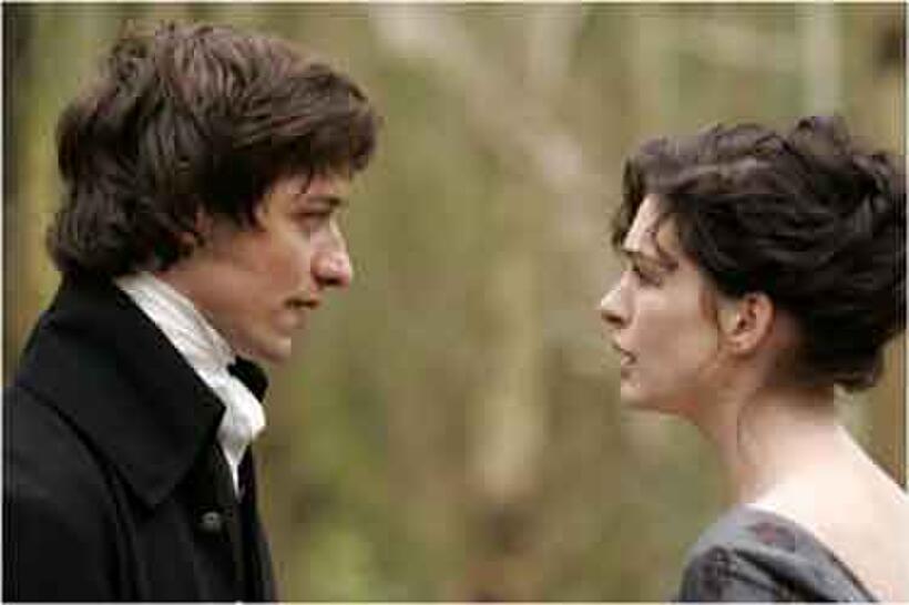 James McAvoy as Tom Lefroy  and Anne Hathaway as Jane Austen in "Becoming Jane." 