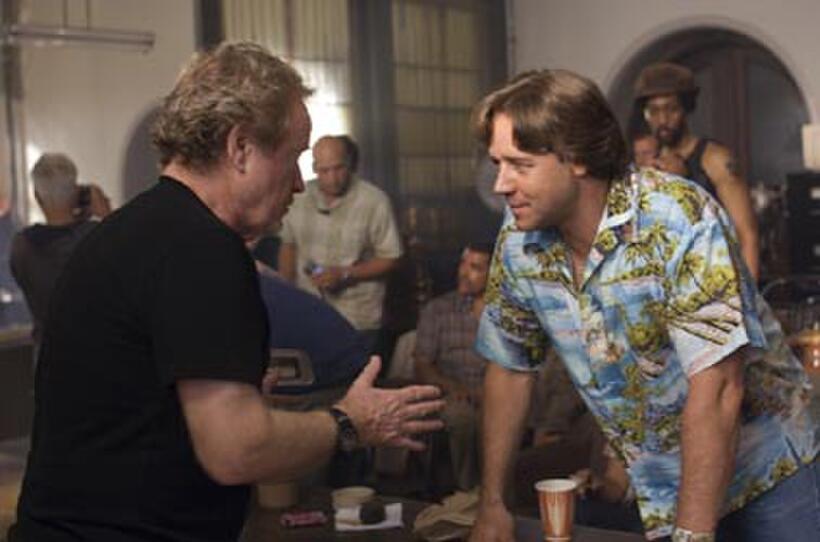 Director Ridley Scott and Russell Crowe on the set of "American Gangster."