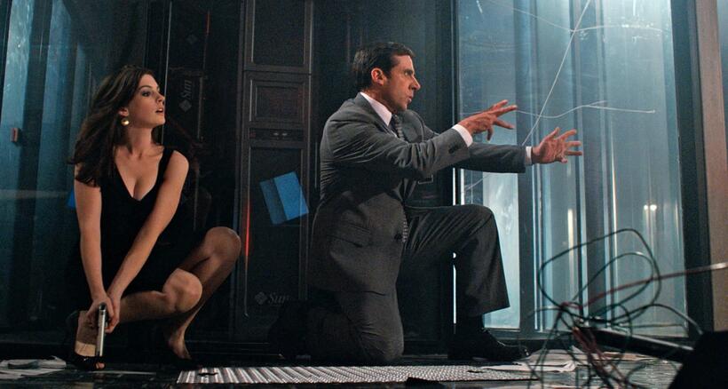 Anne Hathaway as Agent 99 and Steve Carell as Maxwell Smart in "Get Smart."
