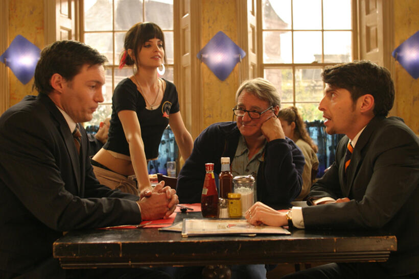 Mark Dymond, Mena Suvari, director John Cosgrove, and Andrew Ableson on the set of "Caffeine."
