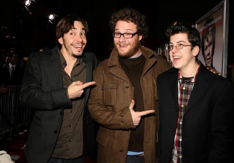 Actors Justin Long, Seth Rogen and Christopher Mintz-Plasse at the Hollywood premiere of "Walk Hard: The Dewey Cox Story."