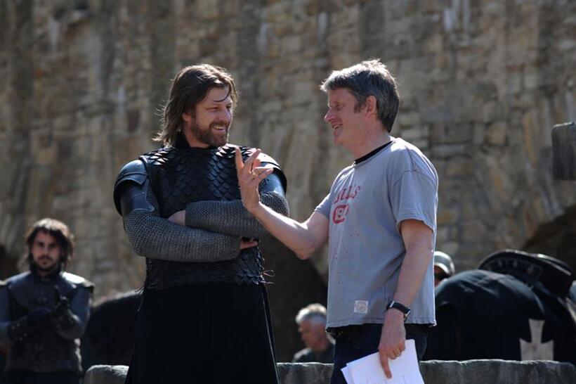 Sean Bean and director Christopher Smith on the set of "Black Death."