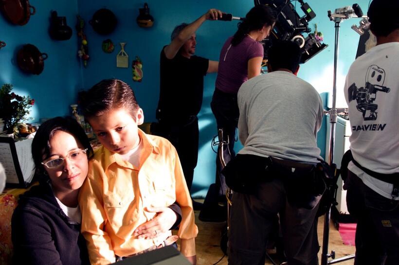 Director Patricia Riggen and Adrian Alonso on the sets of "Under The Same Moon."