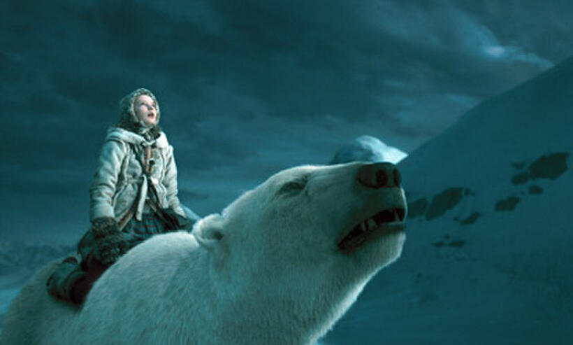 Dakota Blue Richards and Ian McKellen as the voice of Iorek Byrnison in "The Golden Compass."