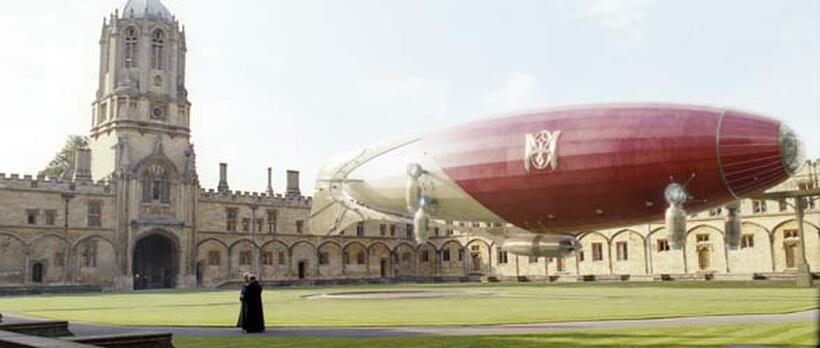 Mrs. Coulter’s Skyferry lands on the grounds of Jordan College in "The Golden Compass."