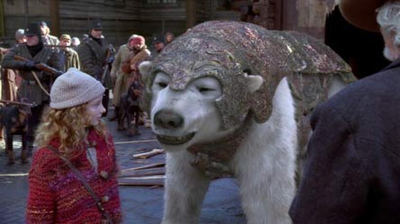 Dakota Blue Richards and Ian McKellen as the voice of Iorek Byrnison in "The Golden Compass."