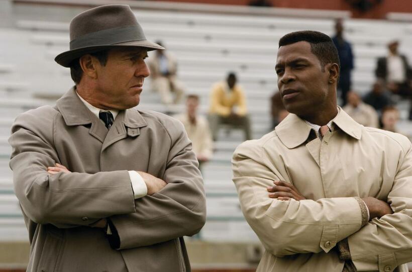 Dennis Quaid as Coach Ben Schwartzwalder and Darrin Dewitt Henson as Jim Brown in "The Express."
