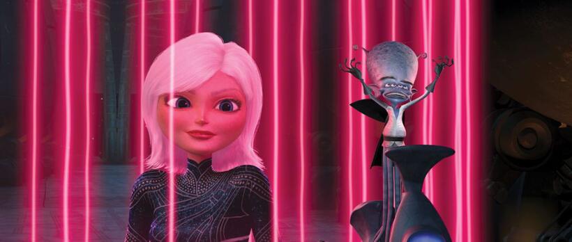 Reese Witherspoon voices Ginormica and Rainn Wilson voices Gallaxhar in "Monsters vs. Aliens."