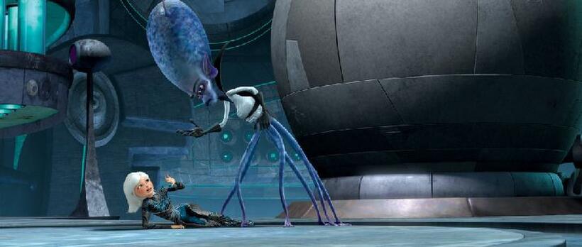 Reese Witherspoon as Ginormica and Rainn Wilson as Gallaxhar in "Monsters vs. Aliens."