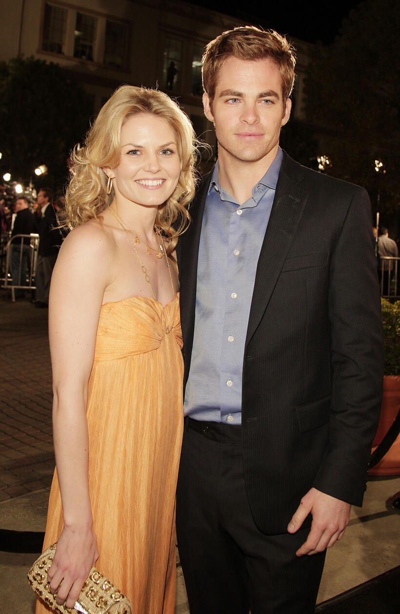Jennifer Morrison ("house") and "Star Trek"'s Chris Pine on the lot for the "Cloverfield" premiere.
