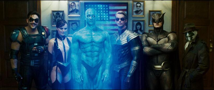 Jeffrey Dean Morgan as the Comedian, Malin Akerman as Silk Spectre II, Billy Crudup as Dr. Manhattan, Matthew Goode as Ozymandias, Patrick Wilson as Nite Owl II and Jackie Earle Haley as Rorschach in "Watchmen."