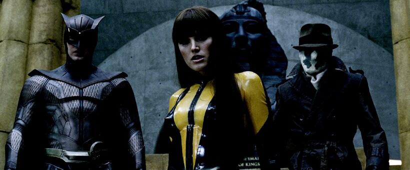 Patrick Wilson as Nite Owl II, Malin Akerman as Silk Spectre II and Jackie Earle Haley as Rorschach in "Watchmen."