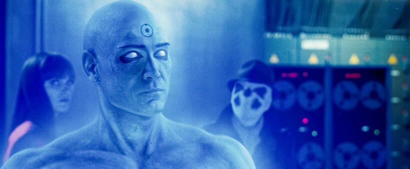 Malin Akerman as Laurie Jupiter, Billy Crudup as Dr. Manhattan and Jackie Earle Haley as Rorschach in "Watchmen."