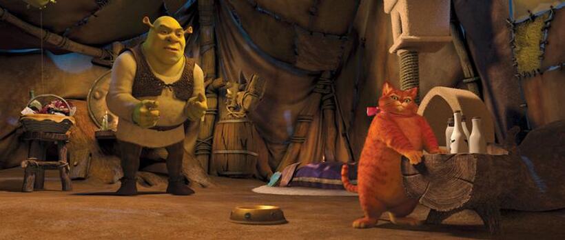 Mike Myers voices Shrek and Antonio Banderas voices Puss in Boots in "Shrek Forever After."