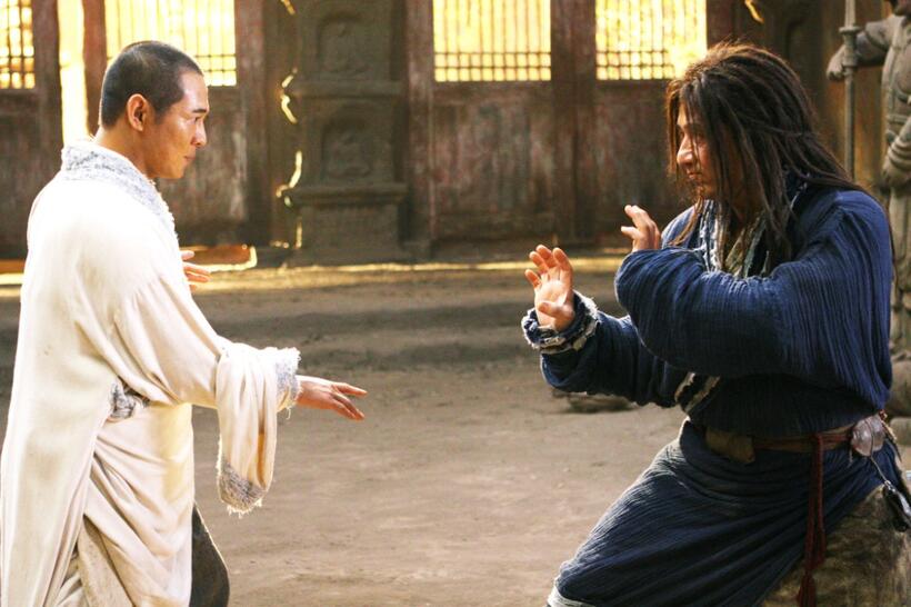 Jet Li as Silent Monk and Jackie Chan as Lu Yan in "The Forbidden Kingdom."