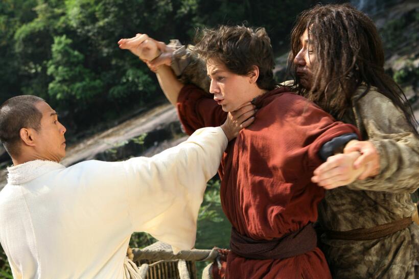 Jet Li as Silent Monk, Michael A. Angarano as Jason Tripititkas and Jackie Chan as Lu Yan in "The Forbidden Kingdom."