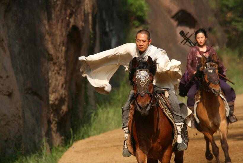 Jet Li as Silent Monk and Crystal Liu as Golden Sparrow in "The Forbidden Kingdom."