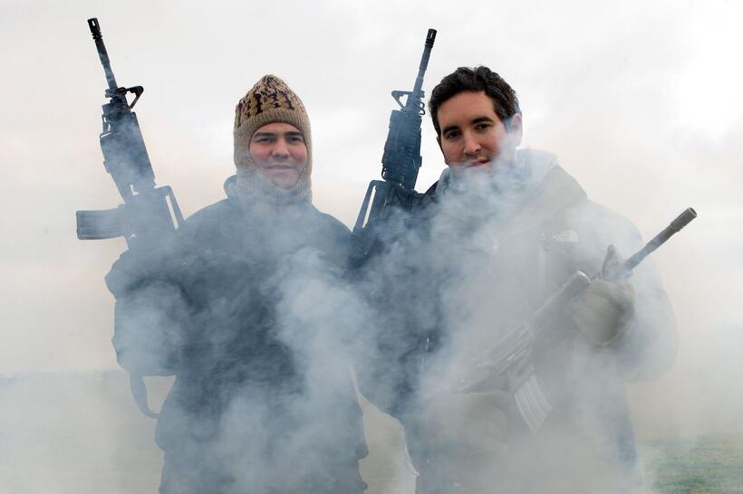 Directors Jon Hurwitz and Hayden Scholssberg on the set of "Harold and Kumar Escape from Guantanamo Bay."