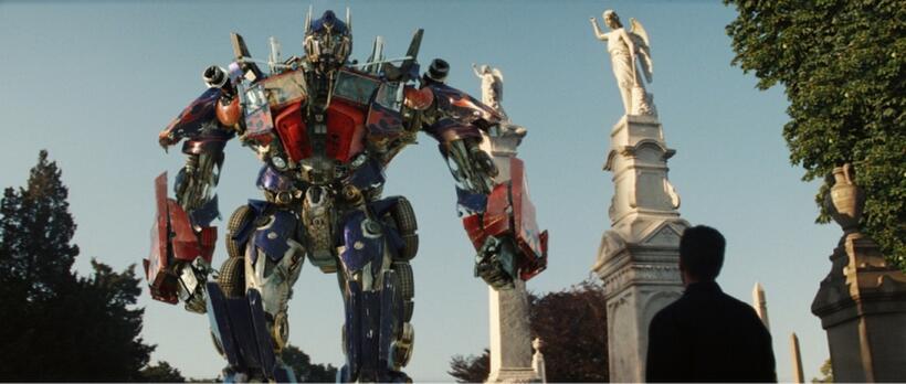 Autobot Optimus Prime and Shia LaBeouf as Sam Witwicky in "Transformers: Revenge of the Fallen."