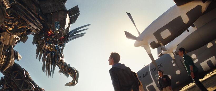 Shia LaBeouf as Sam Witwicky, Autobot Jetfire, Megan Fox as Mikaela Banes, John Turturro as Agent Simmons and Ramon Rodriguez as Leo in "Transformers: Revenge of the Fallen."