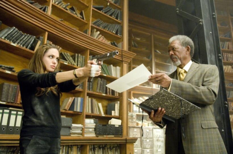 Angelina Jolie as Fox and Morgan Freeman as Sloan in "Wanted."