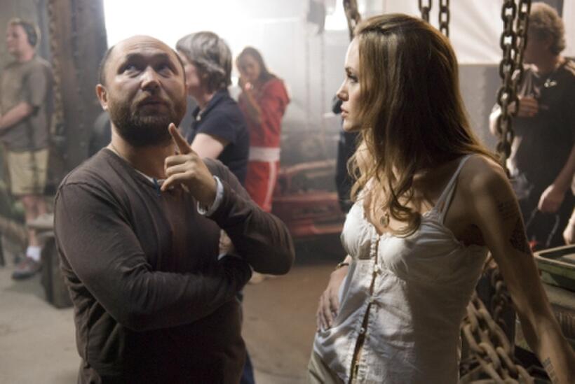Director Timur Bekmambetov and Angelina Jolie on the set of "Wanted."