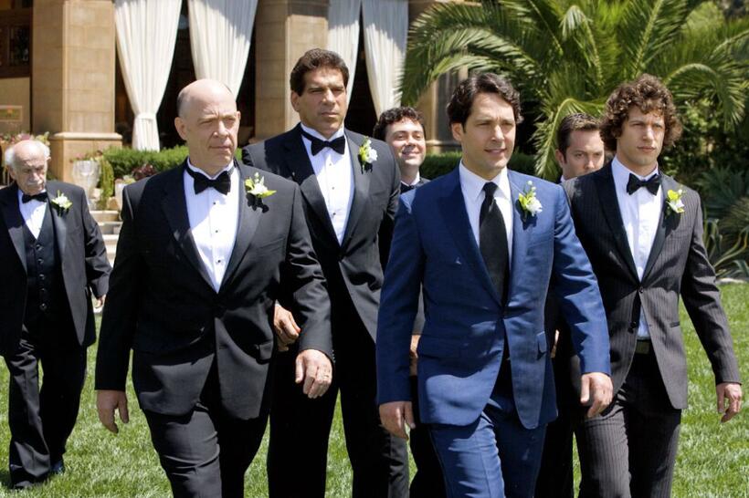 J.K. Simmons as Oswald Klaven, Lou Ferrigno as himself, Joe Lo Truglio as Lonnie, Paul Rudd as Peter Klaven, Thomas Lennon as Doug and Andy Samberg as Robbie in "I Love You, Man."